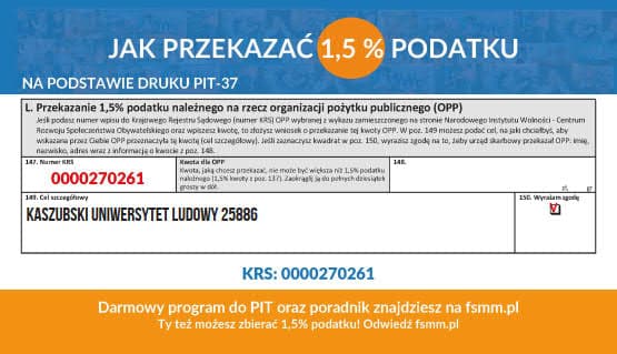 Przekaż 1.5% podatku na KRS: 0000270261 z celem szczegółowym: Kaszubski Uniwersytet Ludowy 25886