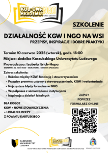 Plakat zapraszający na warsztaty Kaszubski Uniwersytet Ludowy zaprasza do udziału w bezpłatnym szkoleniu organizowanym w ramach projektu „KUL-owa Akademia NGO – Powiat Kartuski”, współfinansowanego ze środków Powiatu Kartuskiego. 📅 Termin: 10 czerwca 2025 (wtorek), godz. 18:00-20:00 📍 Miejsce: siedziba Kaszubskiego Uniwersytetu Ludowego w Wieżycy 👩🏫 Prowadząca: Izabela Itrich-Hopa – ekspertka ds. NGO i KGW 🧭 Zakres szkolenia: ➡Różnice między KGW, fundacją i stowarzyszeniem ➡Przepisy prawne: ustawy o stowarzyszeniach, KGW i wolontariacie ➡Najczęstsze błędy formalne w NGO ➡Współpraca z samorządem i instytucjami ➡Inspiracje z działań lokalnych 👥 Dla kogo? Szkolenie skierowane jest do: • członkiń i członków Kół Gospodyń Wiejskich, • przedstawicieli nowych stowarzyszeń, • lokalnych liderek i liderów z terenu Powiatu Kartuskiego. 📌 Liczba miejsc ograniczona! Decyduje kolejność zgłoszeń – zapisz się już dziś! Link do formularza: https://forms.gle/7AyxqpyM7GnXn6ybA KONTAKT Kaszubski Uniwersytet Ludowy Wieżyca 1, 83-315 SZYMBARK Koordynator zadania – Agnieszka Gleinert-Pobłocka, nr tel. 536 760 710, email: agnieszka.gleinert-poblocka@kul.org.pl Powiat Kartuski #szkoleniedlaNGO #szkoleniedlaKGW #KULOWAakademiaNGO #kaszubskiuniwersytetludowy
