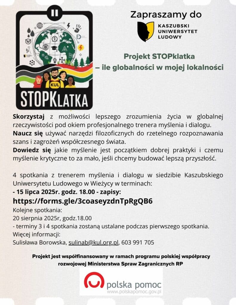 Plakat zapraszający do projektu STOPKlatka opisująca temat warsztatów, terminy