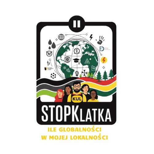 logo projektu STOPKlatka który pokazuje ważnosc edukacji globalnej, posiada na grafice ziemię, ludzi, znaczki związane z ekologią