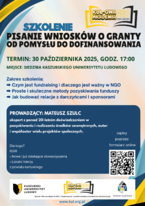 plakat informujący o Pisanie wniosków o granty – od pomysłu do dofinansowania