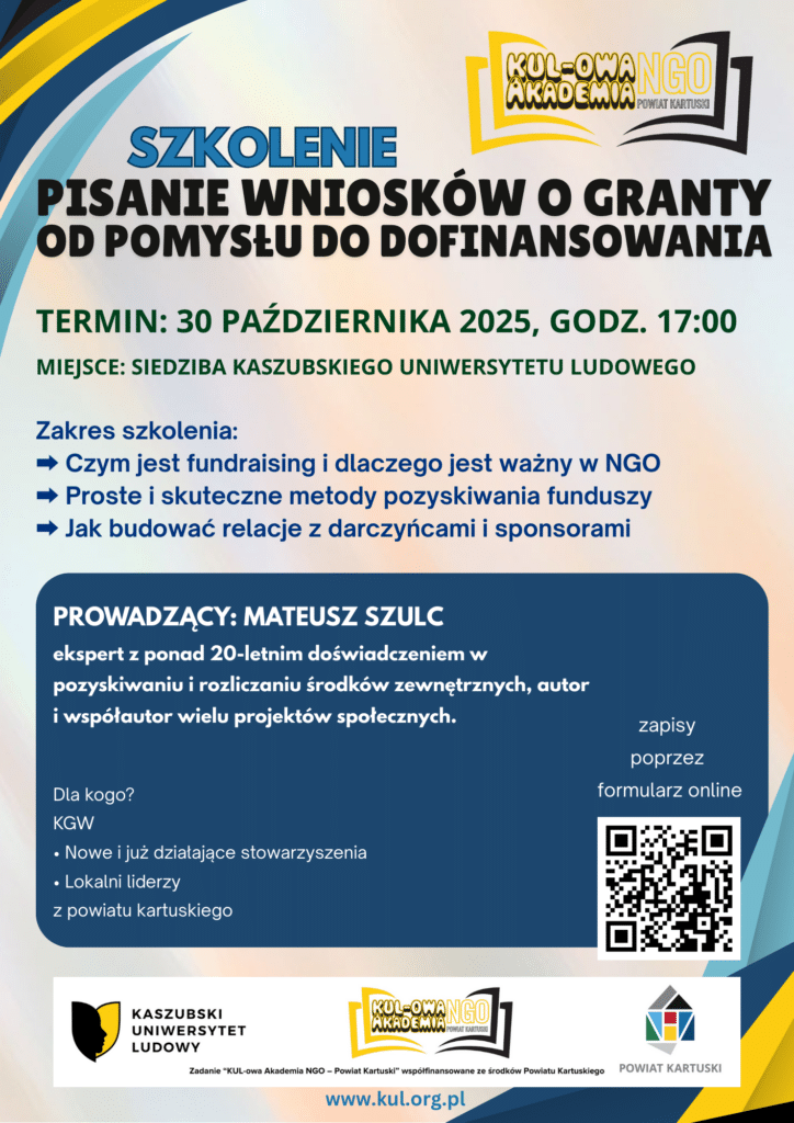 plakat informujący o szkoleniu Pisanie wniosków o granty – od pomysłu do dofinansowania