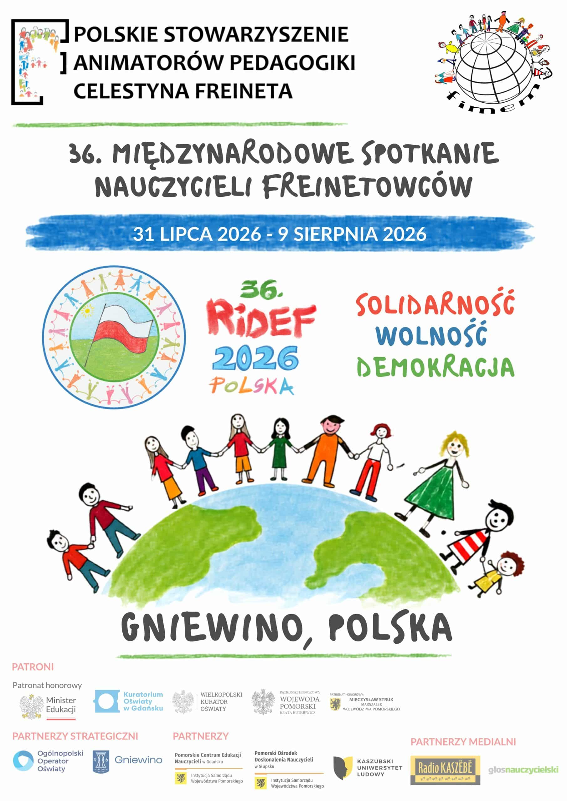plakat RIDEF2026 przedstawia dzieci, loga organizatorów i partnerów wydarzenia.